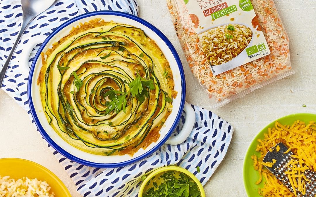 Flan gratiné de courgettes au riz quinoa lentilles