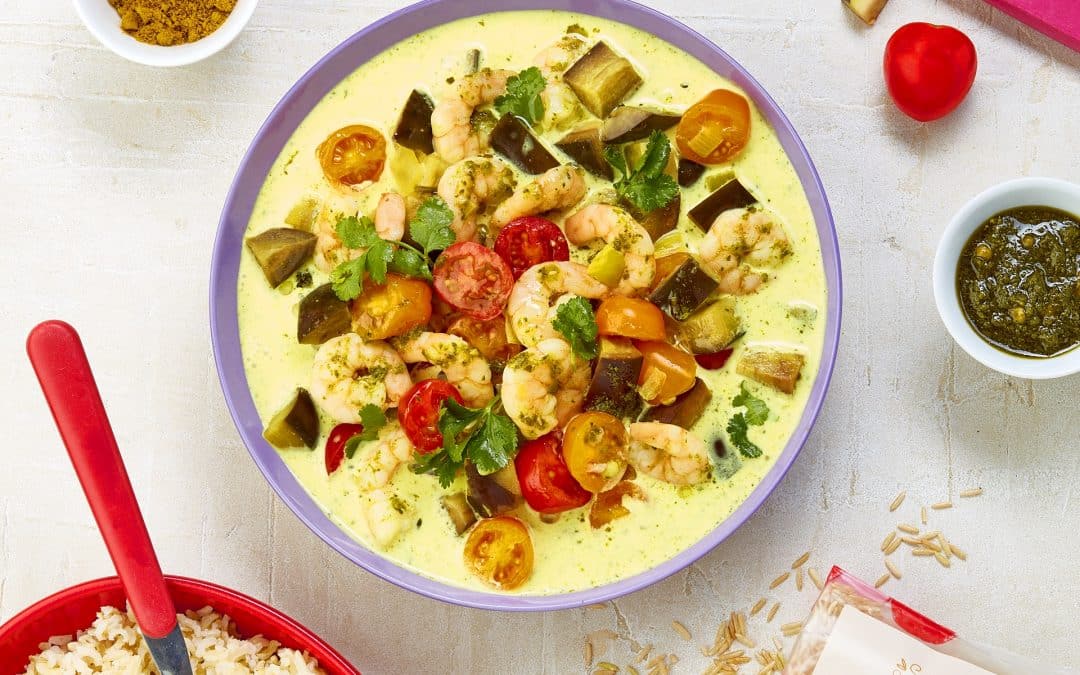 Curry de crevettes au pesto et au riz basmati