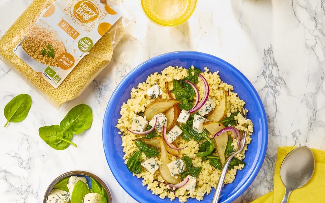 Pilaf de millet aux épinards, poire rôtie et fromage de caractère