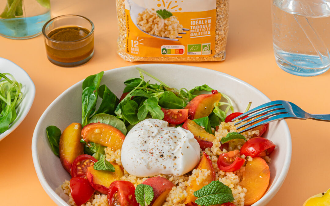 Salade d&rsquo;été burrata & pêches rôties