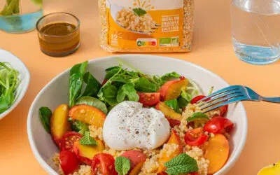 Salade d'été burrata & pêches rôties Happy Bio